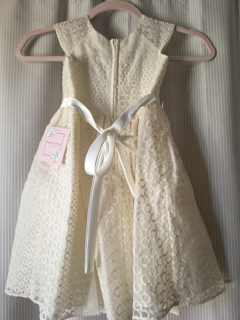 Ivory Circle-Pattern Lace Flower Girl Dress with Bow Size 5